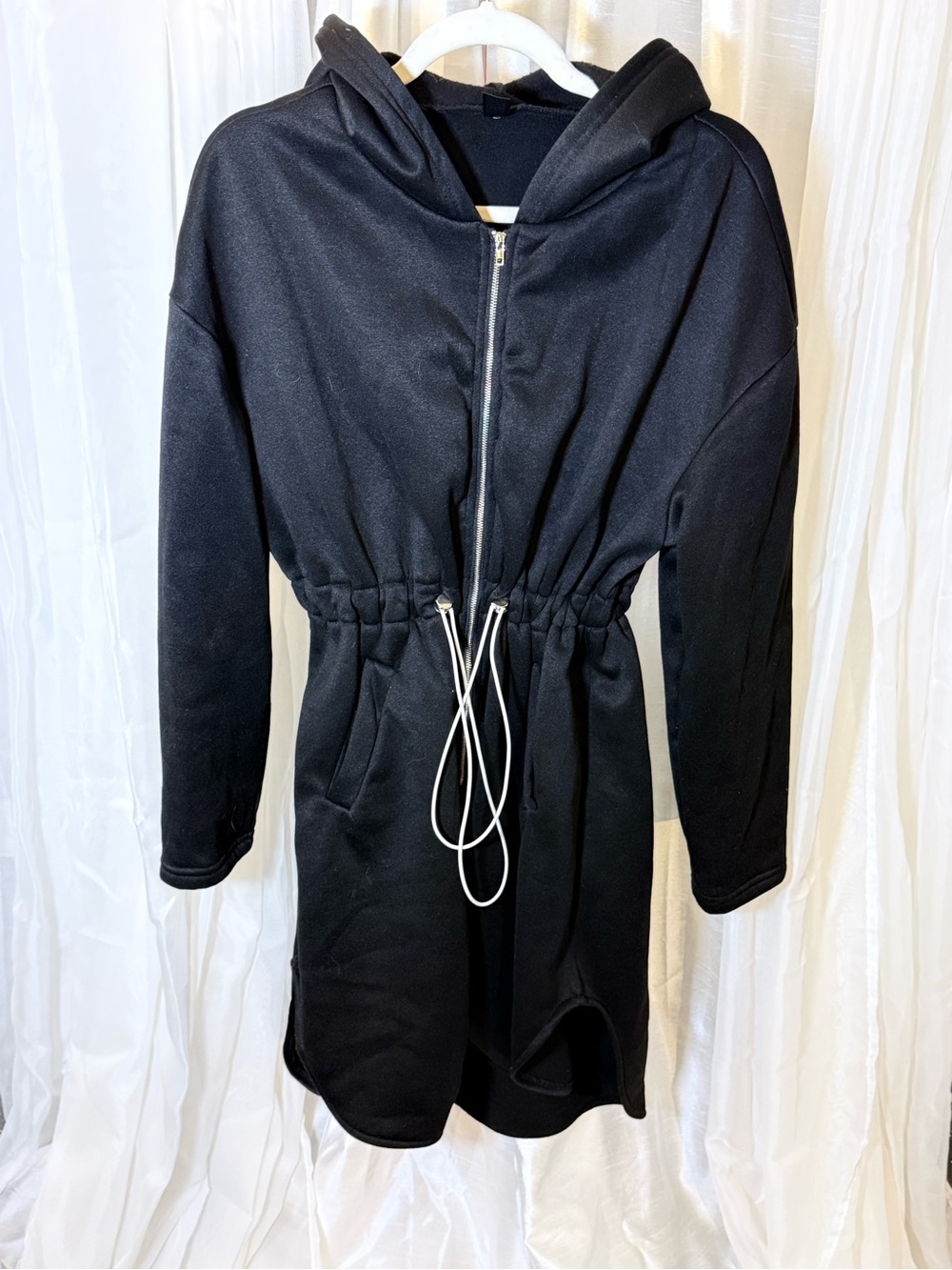 Black Hooded Drawstring Waist Coat - Women